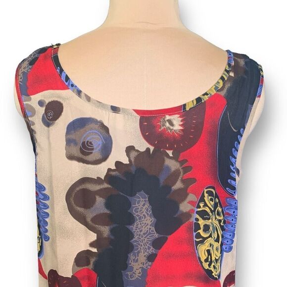 Vintage Dress Maxi Cream Red Brown Printed Abstract Art Sleeveless Scoop Neck - Picture 6 of 10